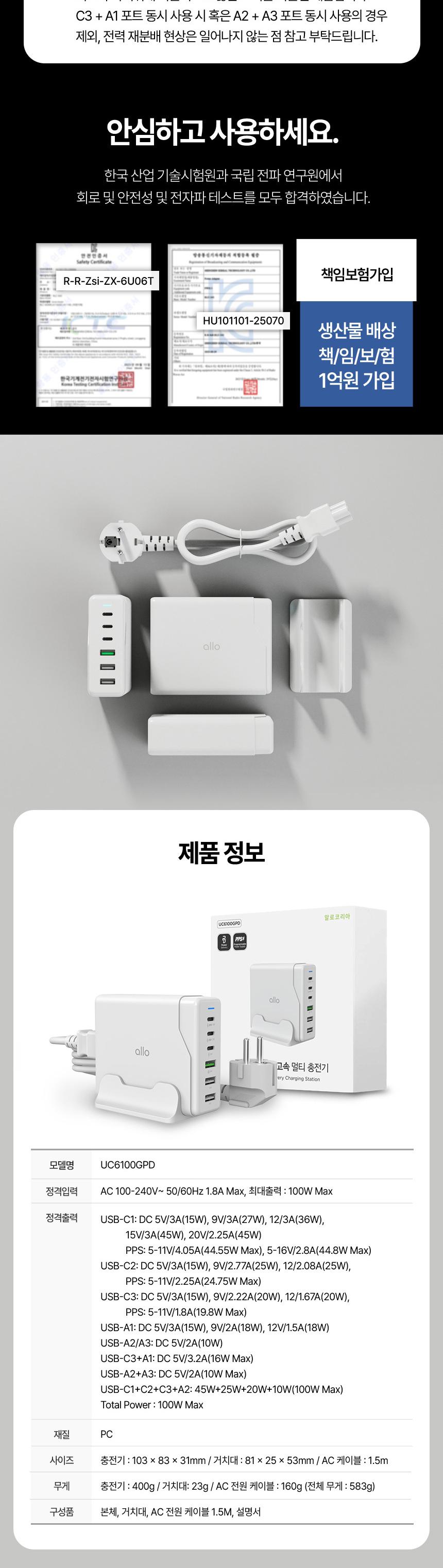 [알로코리아] 100W GaN 접지형 6포트 PD C타입 초고속 멀티 충전기 UC6100GPD 상세 이미지 9